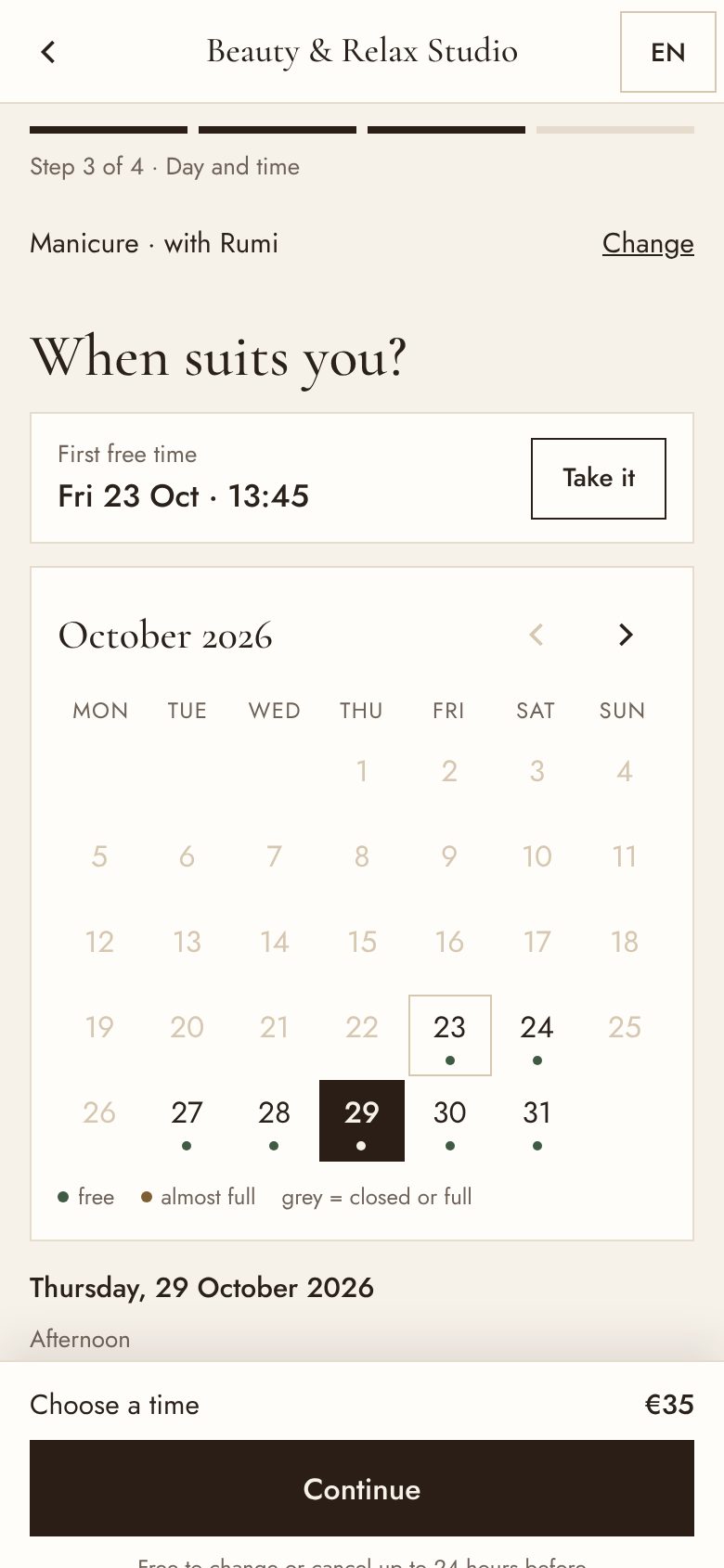 A booking page on a phone
