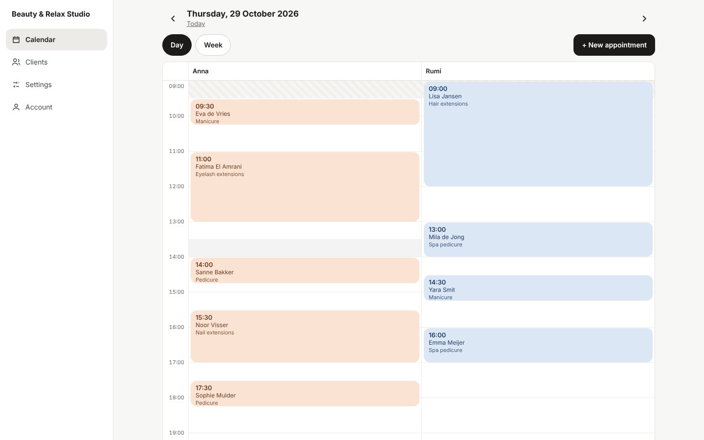 A salon's calendar for the day